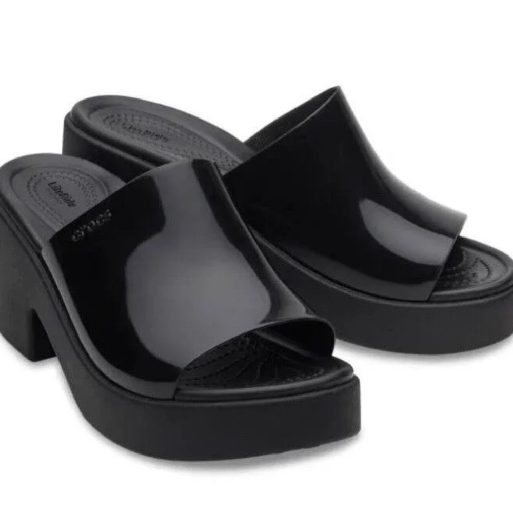 Crocs Brooklyn Shiny Black Platform Slide Heels - Women 9 mule